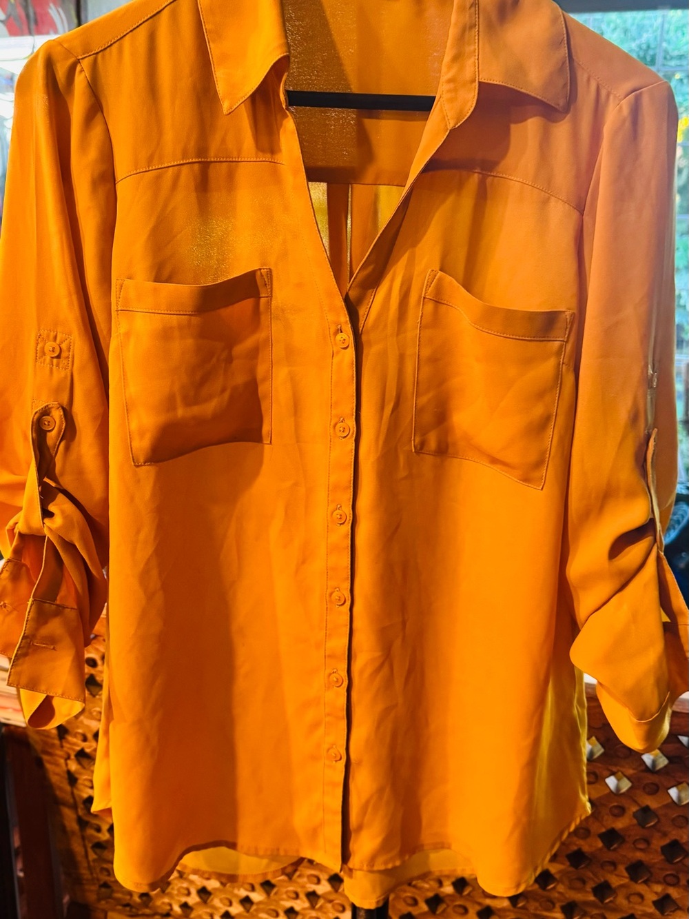 Express Orange Long Sleeve Button-Down Shirt with Patch Pockets